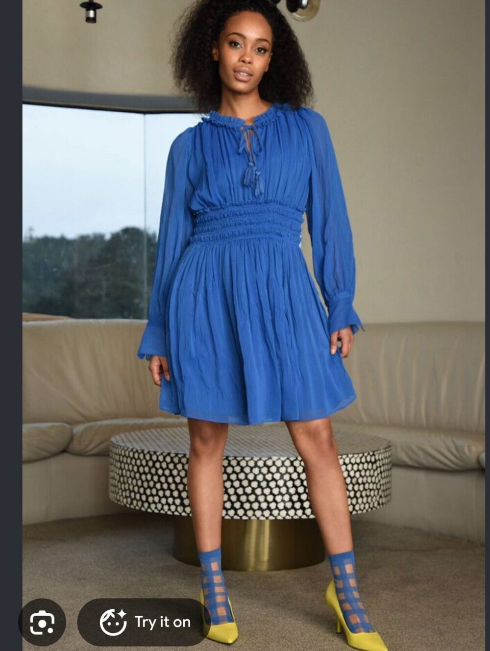 Yakira Bella Blue Long-Sleeve Ruffle Smocked Waist Dress XS